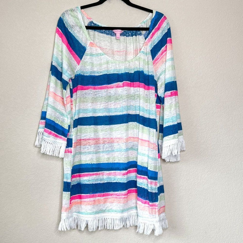Lilly Pulitzer Blue, Pink & White Striped Fringe Swim Coverup